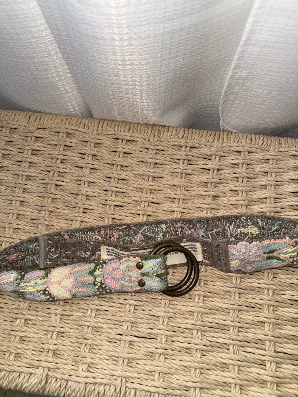 Embroidered Floral Fabric Belt with Double Ring Buckle - Gray/Pastel